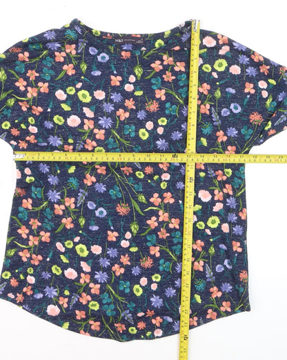 Marks and Spencer Women Blue Floral 3/4 Sleeve Linen Blend T-Shirt Size 10