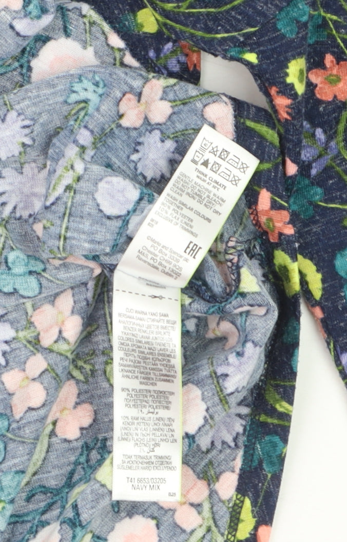 Marks and Spencer Women Blue Floral 3/4 Sleeve Linen Blend T-Shirt Size 10
