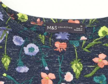 Marks and Spencer Women Blue Floral 3/4 Sleeve Linen Blend T-Shirt Size 10