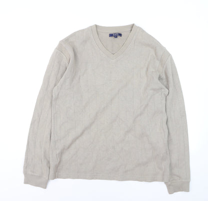 Easy Mens Beige Cotton V-Neck Jumper Size L Lightweight Knit