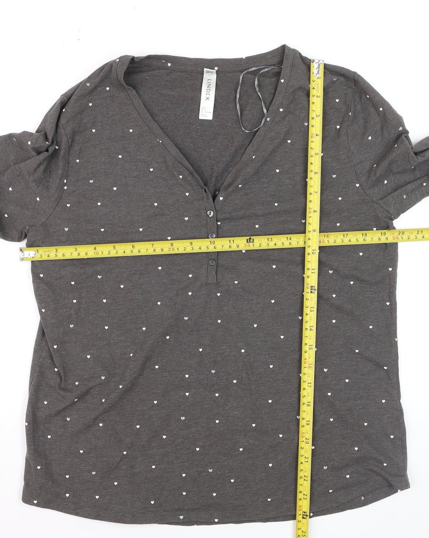 Lindex Women Grey Heart Print Button-Up Long Sleeve Top UK L