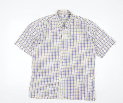 Marks and Spencer Men's Blue Check Short Sleeve Button-Up Shirt 15.5 Regular Fit