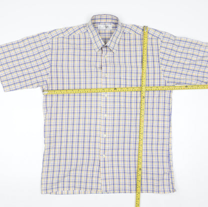 Marks and Spencer Men's Blue Check Short Sleeve Button-Up Shirt 15.5 Regular Fit