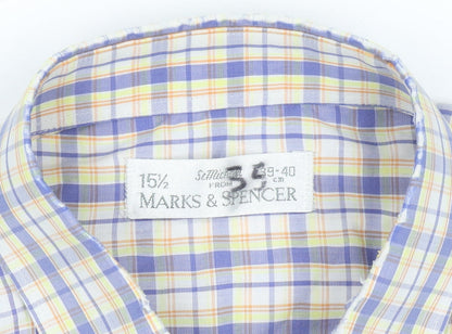 Marks and Spencer Men's Blue Check Short Sleeve Button-Up Shirt 15.5 Regular Fit