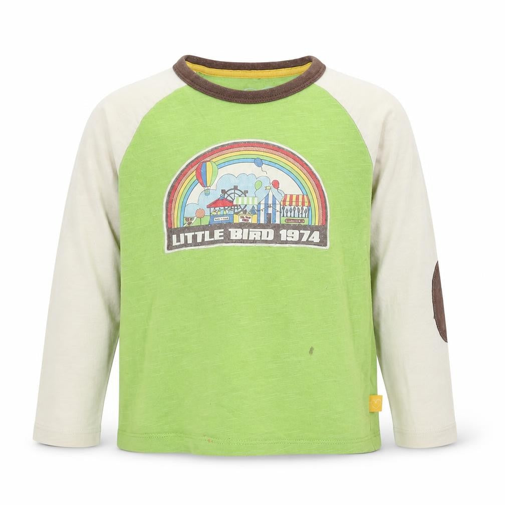 Front view of Little Bird unisex baby green long sleeve graphic t-shirt 18-24 months