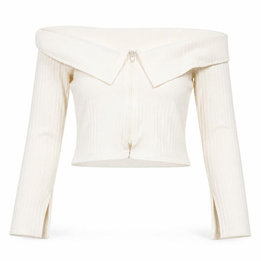 PRETTYLITTLETHING Women’s Ivory Off Shoulder Zip Rib Knit Jumper Size 10
