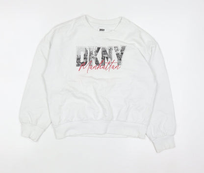 DKNY Girls White Graphic Manhattan Sweatshirt M 8-10 Years Cotton Blend