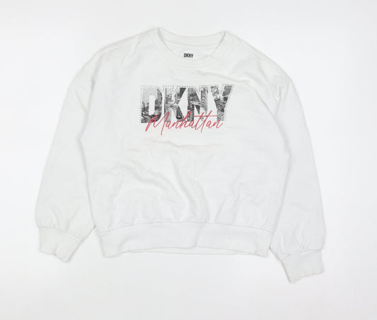DKNY Girls White Graphic Manhattan Sweatshirt M 8-10 Years Cotton Blend