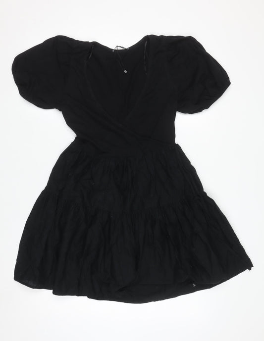 ZARA Women Black XS Short Puff Sleeve Cotton Wrap Dress