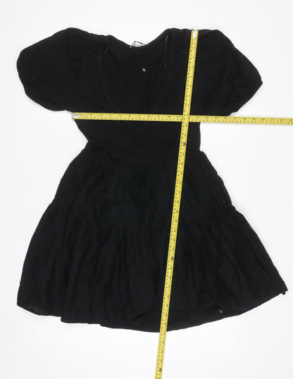 ZARA Women Black XS Short Puff Sleeve Cotton Wrap Dress