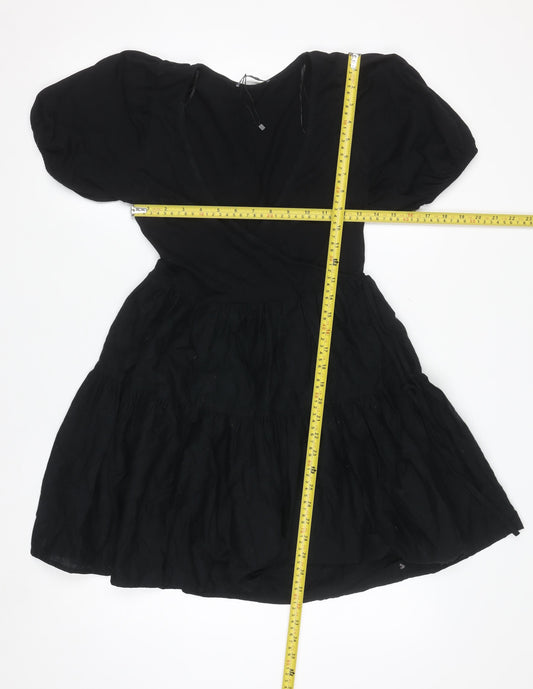 ZARA Women Black XS Short Puff Sleeve Cotton Wrap Dress
