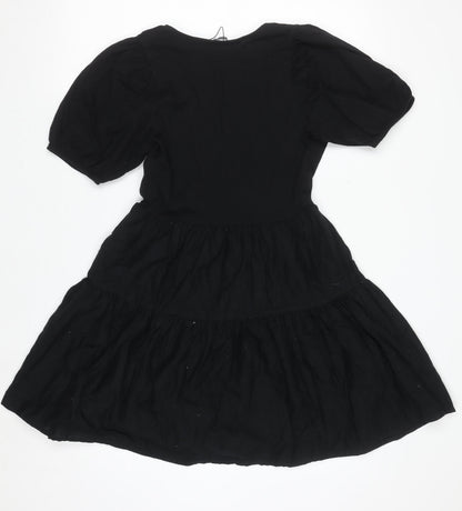 ZARA Women Black XS Short Puff Sleeve Cotton Wrap Dress