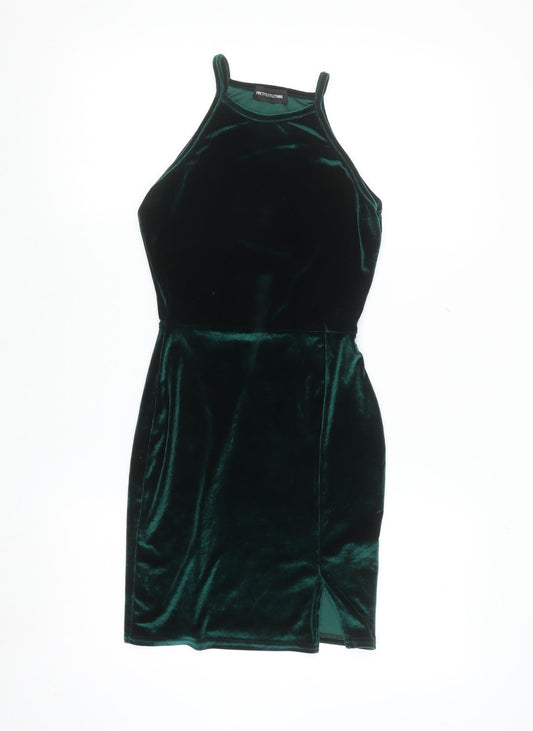 PrettyLittleThing Women’s Green Velvet Bodycon Halter Mini Dress Size 8