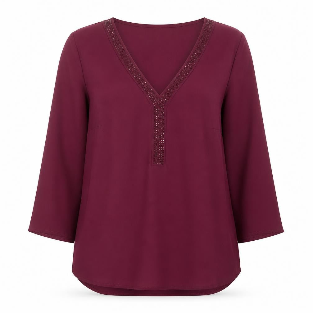 Camaïeu Womens Purple Beaded V-Neck Tunic Blouse Size 8