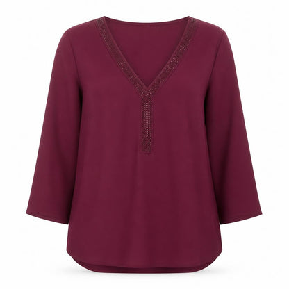 Camaïeu Womens Purple Beaded V-Neck Tunic Blouse Size 8