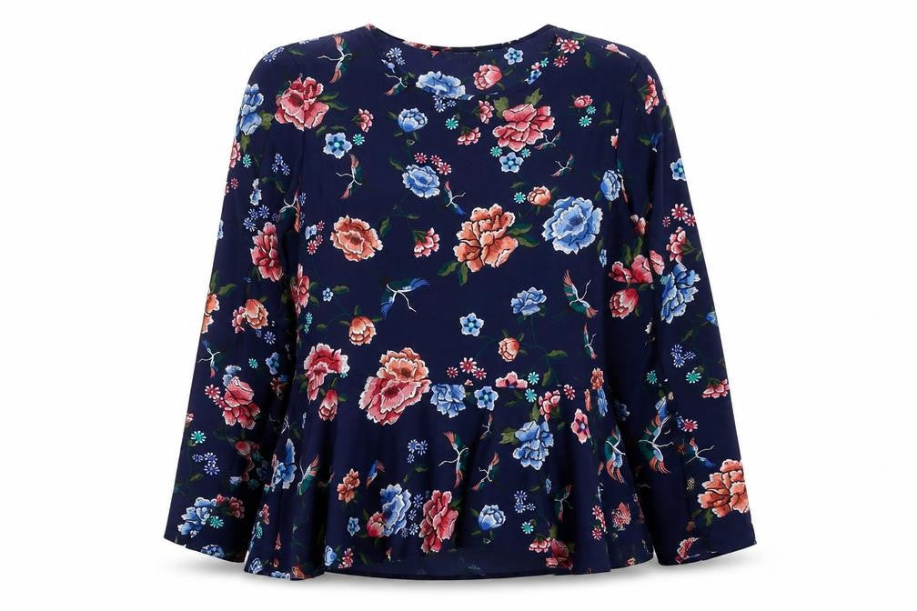 Primark Women's Navy Floral Long Sleeve Peplum Blouse Size 18