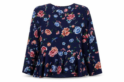 Primark Women's Navy Floral Long Sleeve Peplum Blouse Size 18