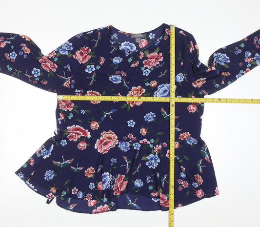 Primark Women's Navy Floral Long Sleeve Peplum Blouse Size 18