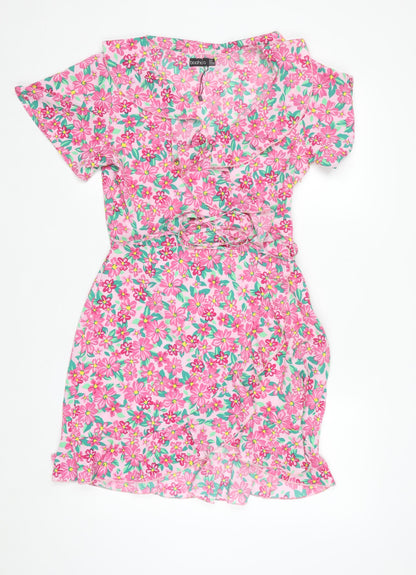 Boohoo Women’s Pink Floral Wrap Short Dress Size 10