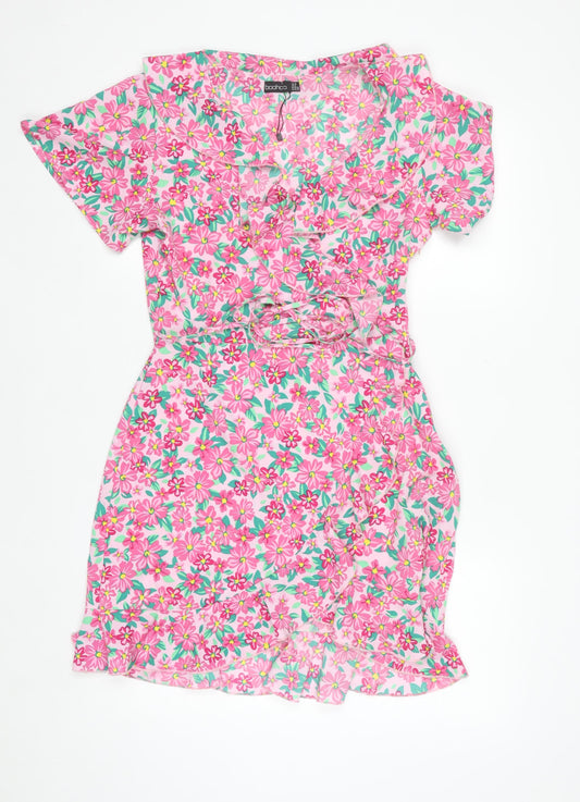 Boohoo Women’s Pink Floral Wrap Short Dress Size 10