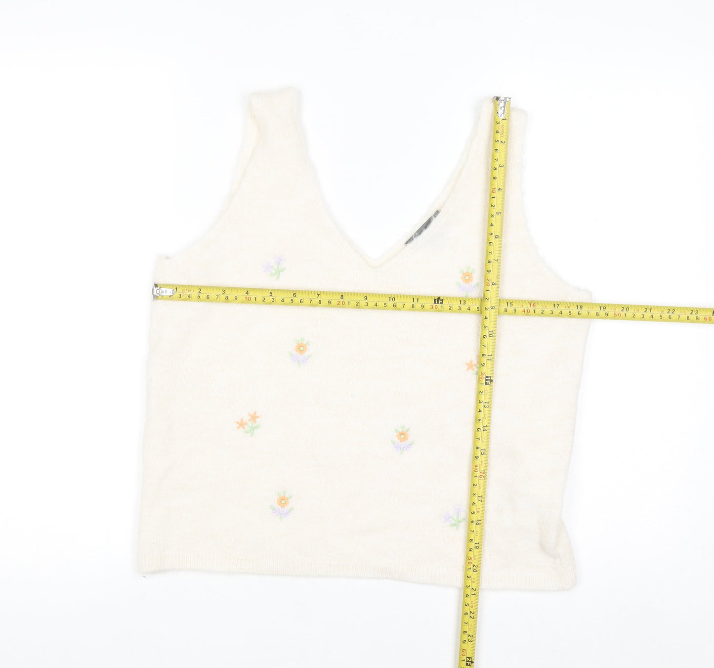 Primark Women Ivory Floral Embroidered Knit Sleeveless V-Neck Vest L