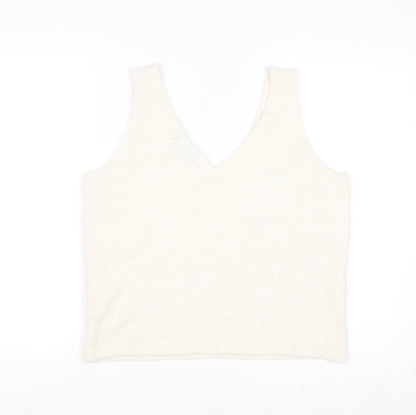 Primark Women Ivory Floral Embroidered Knit Sleeveless V-Neck Vest L