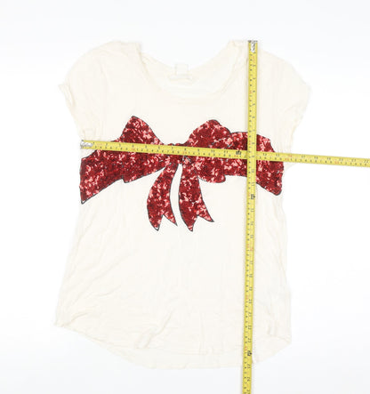 H&M Women’s Ivory Sequin Bow Short Sleeve T-Shirt Size 12