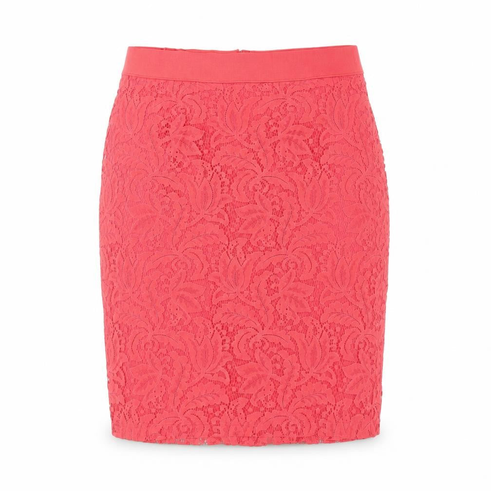 Front view of Dunnes Women Pink Lace Pencil Skirt, size 12, Knee Length