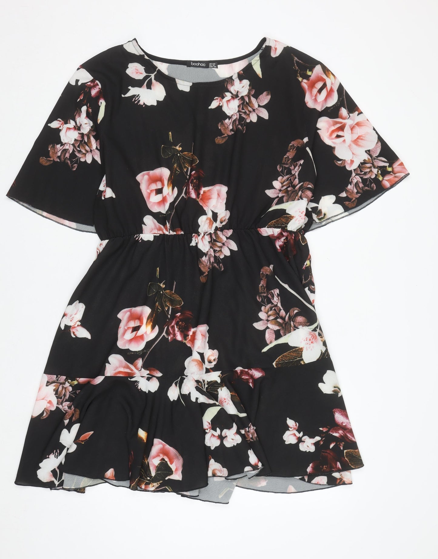Boohoo Women’s Black Floral Skater Dress Size 22 Short Sleeve