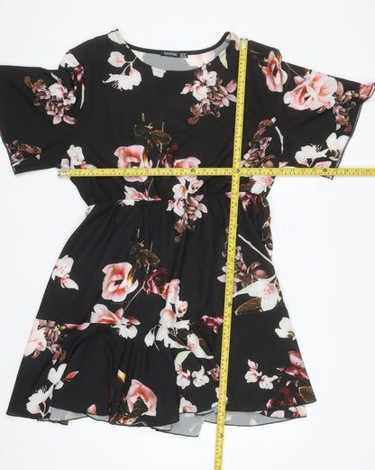 Boohoo Women’s Black Floral Skater Dress Size 22 Short Sleeve