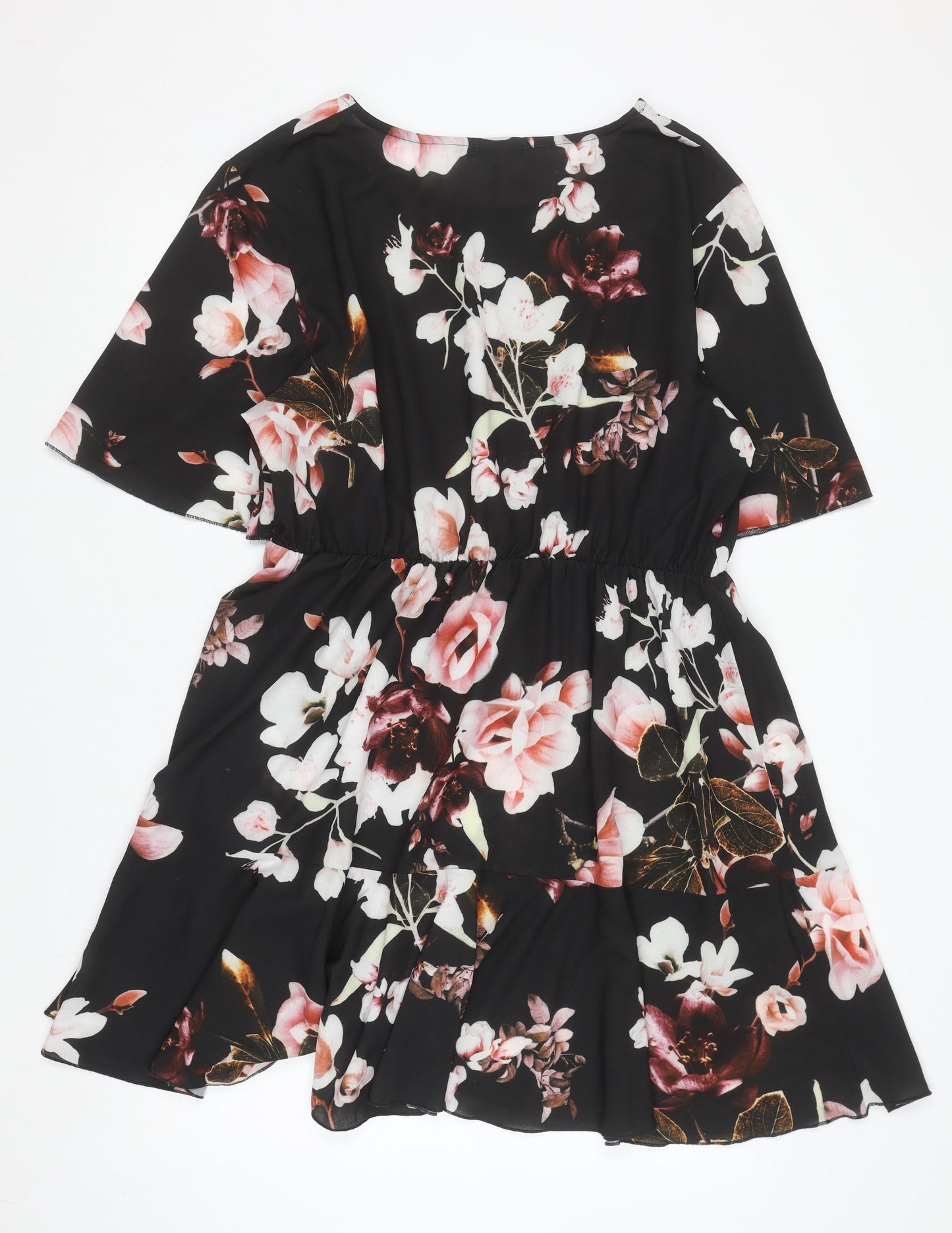 Boohoo Women’s Black Floral Skater Dress Size 22 Short Sleeve