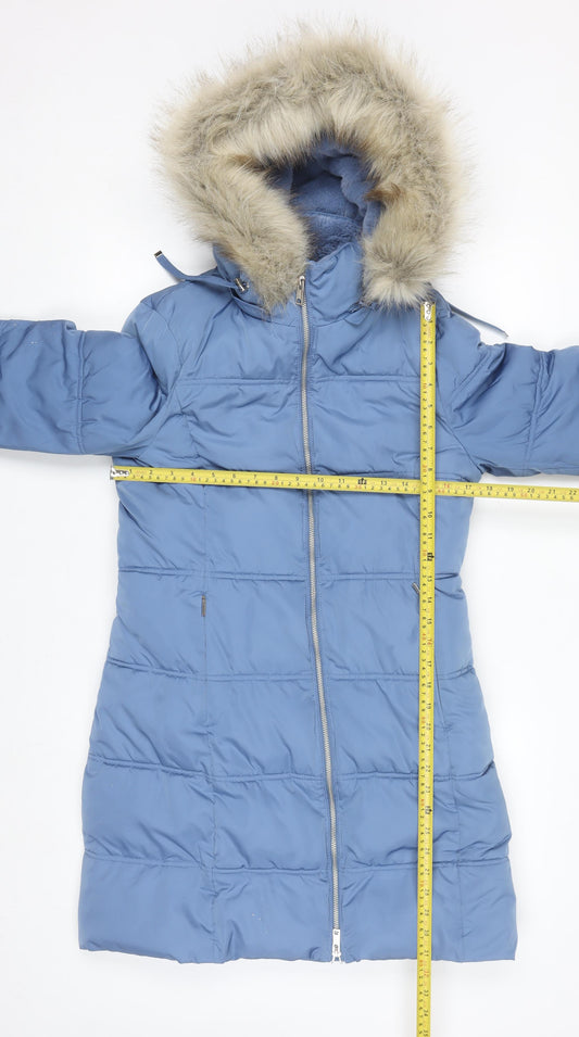 Marks and Spencer Women's Blue Puffer Coat Size 8 Long Hooded Stormwear