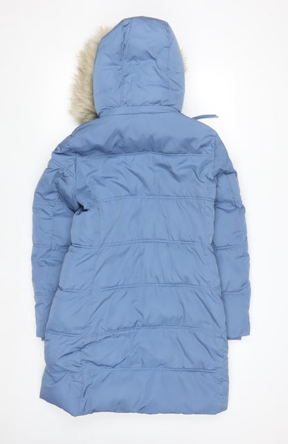 Marks and Spencer Women's Blue Puffer Coat Size 8 Long Hooded Stormwear