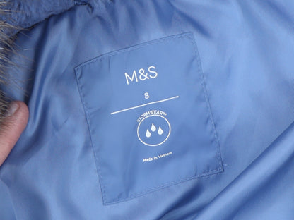 Marks and Spencer Women's Blue Puffer Coat Size 8 Long Hooded Stormwear