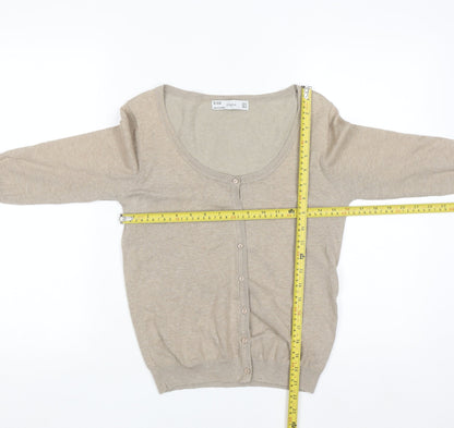 Zara Women Beige Knit 3/4 Sleeve Scoop Neck Cardigan Size 12