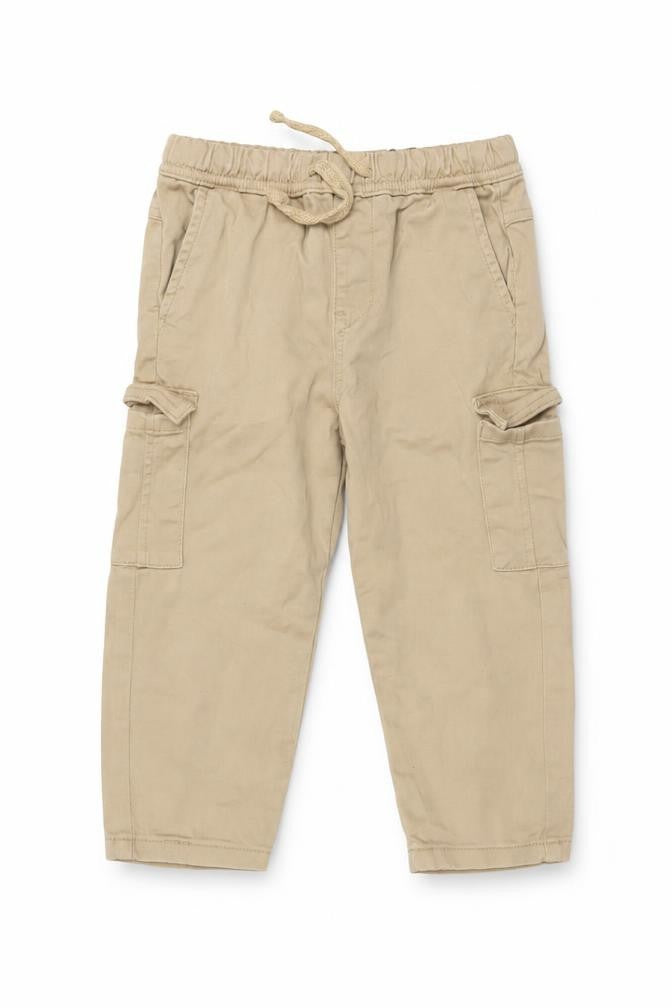 Front view of Bench unisex baby beige cargo trousers 18-24 months elastic waist twill cotton pants