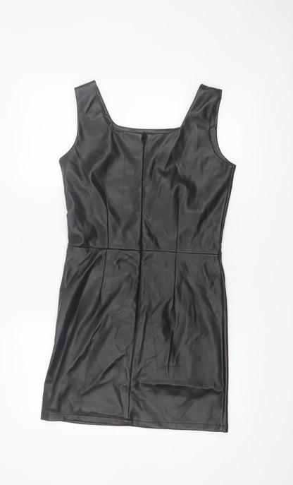 Primark Girls Black Faux Leather Bodycon Dress 13-14 Years Sleeveless Zip Back