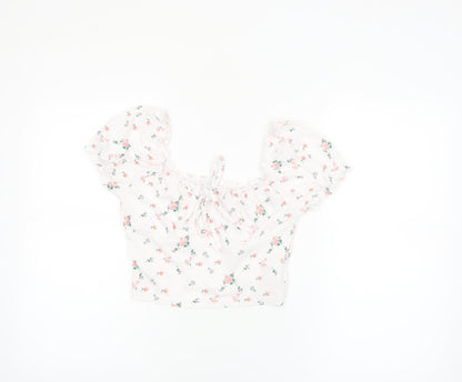 SHEIN Women’s White Floral Cropped Puff Sleeve Blouse S