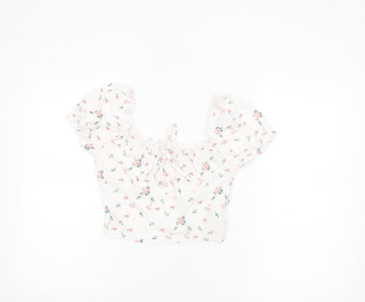 SHEIN Women’s White Floral Cropped Puff Sleeve Blouse S