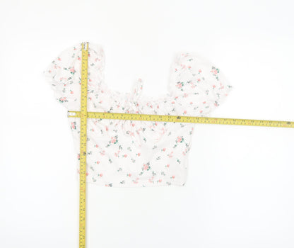 SHEIN Women’s White Floral Cropped Puff Sleeve Blouse S