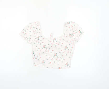 SHEIN Women’s White Floral Cropped Puff Sleeve Blouse S