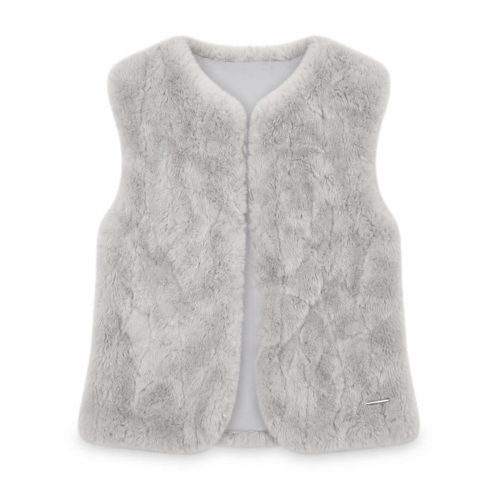 Front view of Mayoral girls’ grey faux fur waistcoat age 9 years lined soft vest