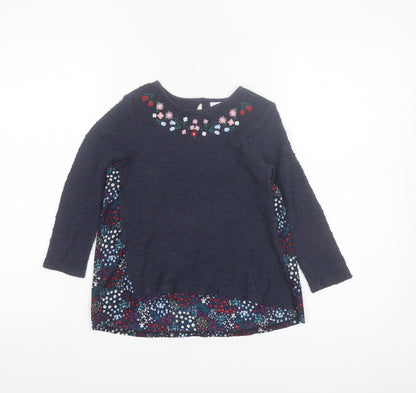 F&F Girls Blue Floral Embroidered Long Sleeve Cotton Shift Dress 5-6 Years