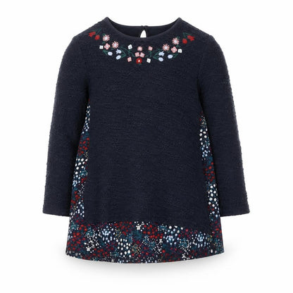 F&F Girls Blue Floral Embroidered Long Sleeve Cotton Shift Dress 5-6 Years