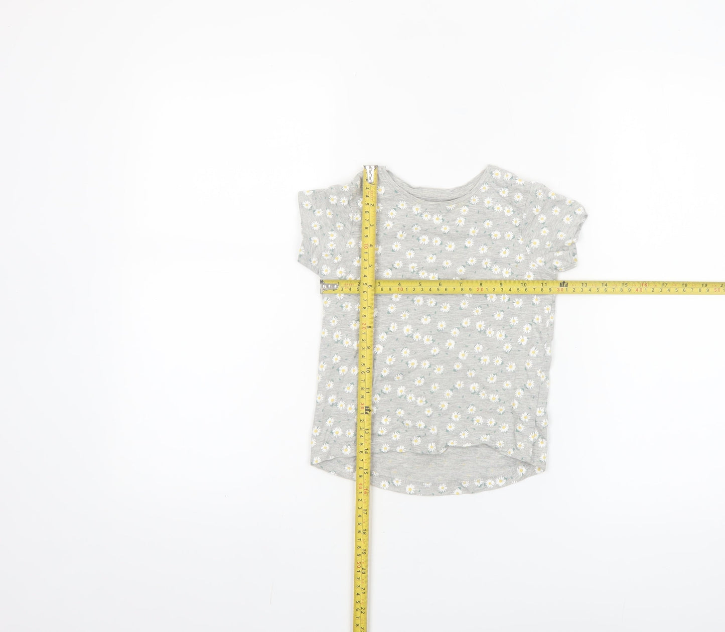 Primark Girls Grey Daisy Print Short Sleeve T-Shirt 3-4 Years Cotton Blend