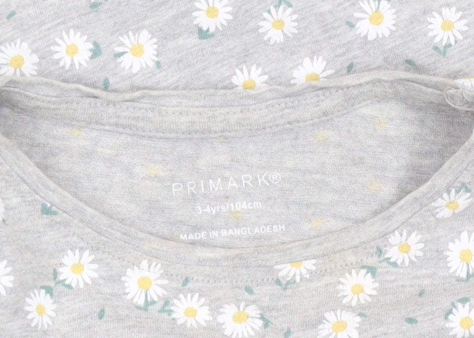 Primark Girls Grey Daisy Print Short Sleeve T-Shirt 3-4 Years Cotton Blend