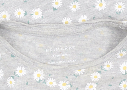 Primark Girls Grey Daisy Print Short Sleeve T-Shirt 3-4 Years Cotton Blend