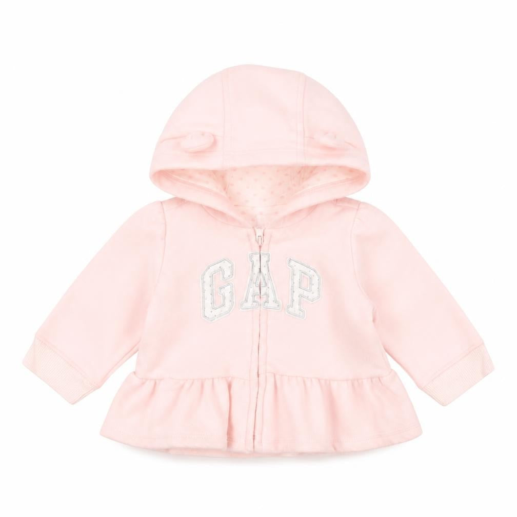 Front view of Gap Baby girls’ pink hooded full zip fleece jacket 3-6 months