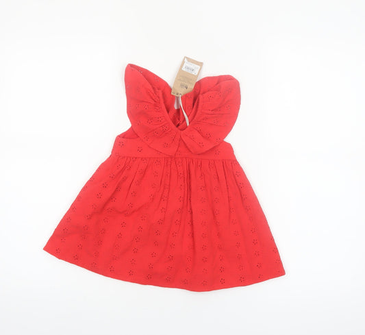 Next Girls Red Cotton Broderie A-Line Dress 6-9 Months Sleeveless Summer