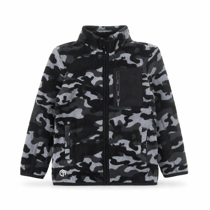 Front view of F&F boys’ black camouflage fleece full zip jacket 8-9 years